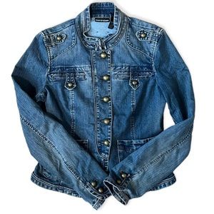 DKNY Jeans Denim Jacket Mock Neck Brass Button Up Tailored Fit Pockets M/L.